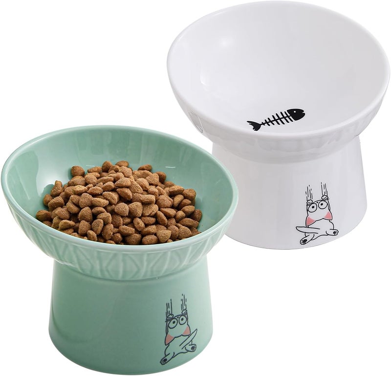 OMAYKEY 6.5 Inch Extra Wide Elevated Cat Bowls, Ceramic Raised Tilted Cat Bowl for Food and Water, Porcelain Pet Feeder Dishes for Cats & Dogs, Whisker Fatigue, White & Green - Image 1